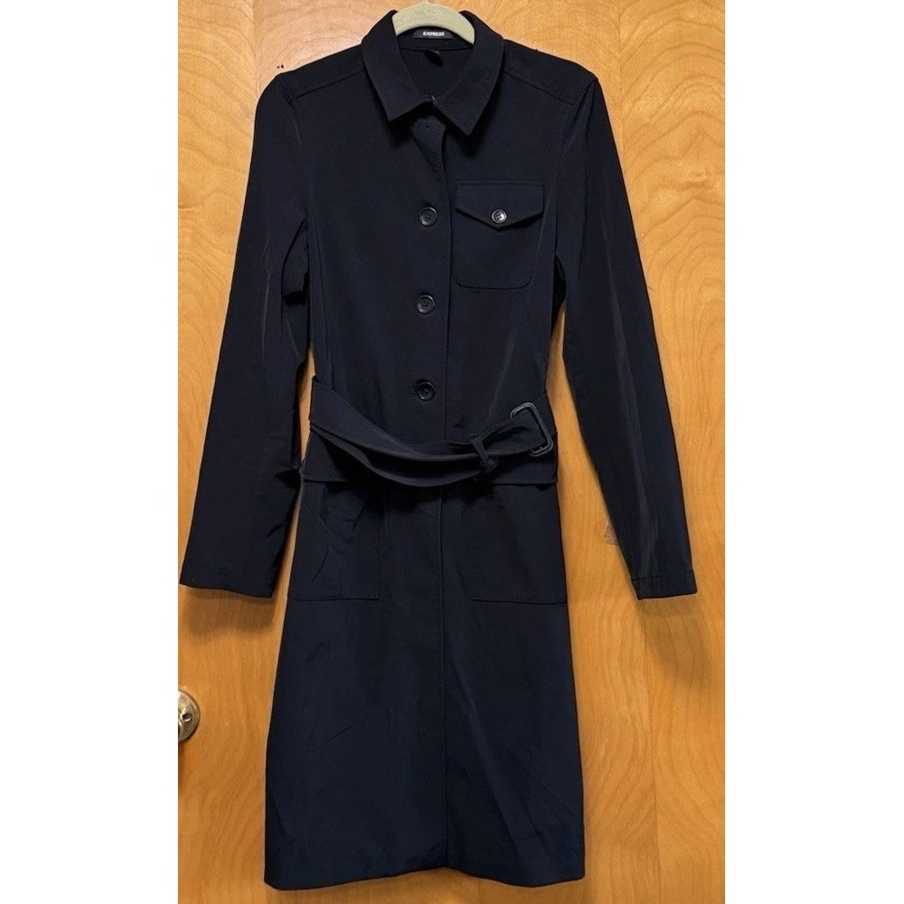 Express Womens Belted Utility Inspired Single Breasted Trench Coat Black Sz 8